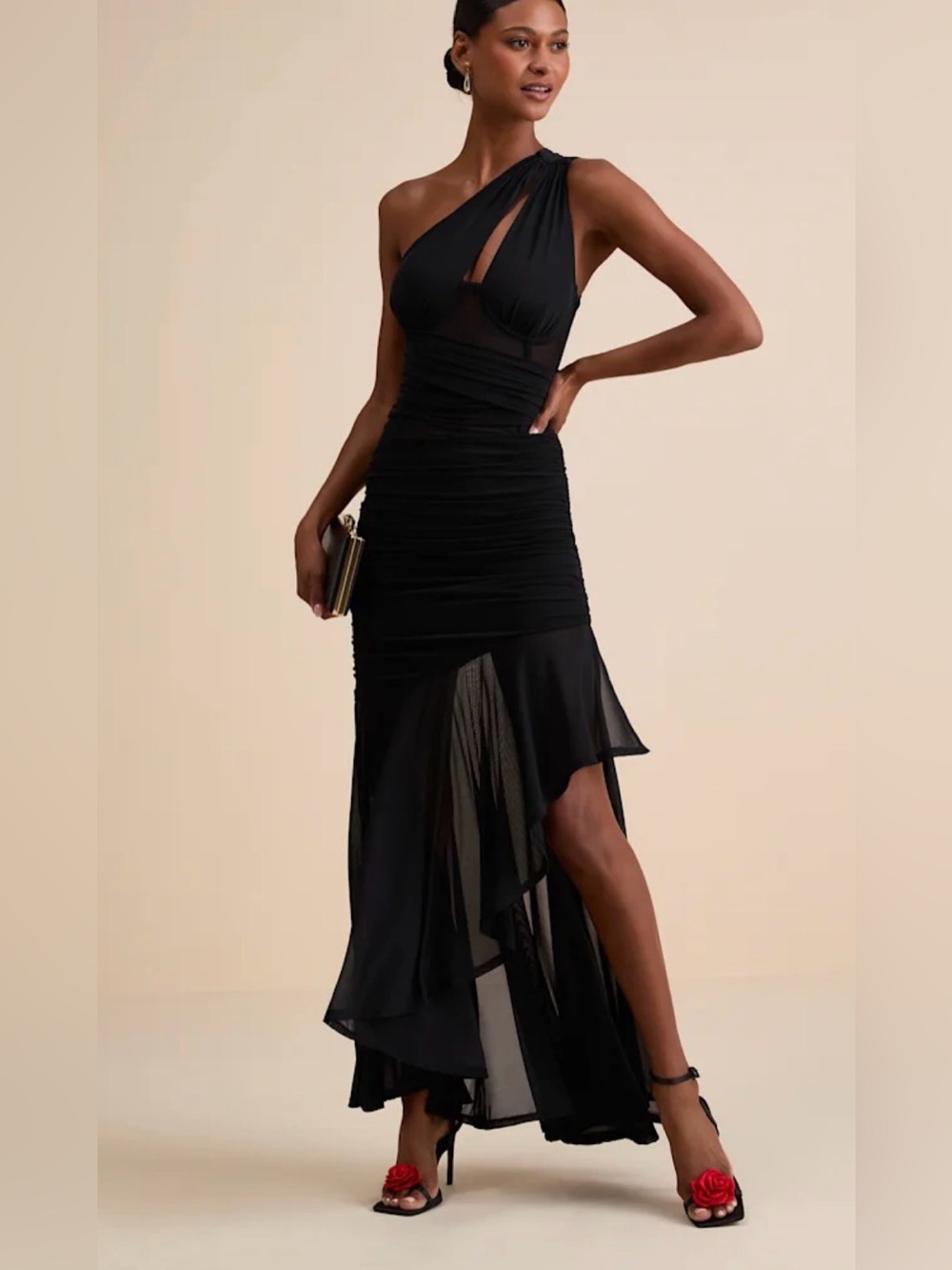 Lulus NWT Marcellina Black Mesh Ruched One-Shoulder Maxi Dress size small